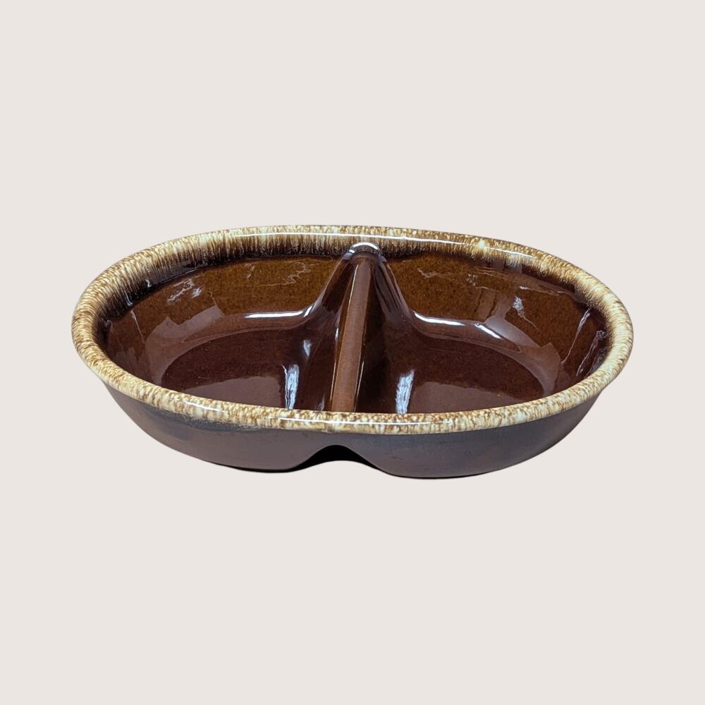 Vintage Hull Pottery Brown Drip Divided Casserole Dish